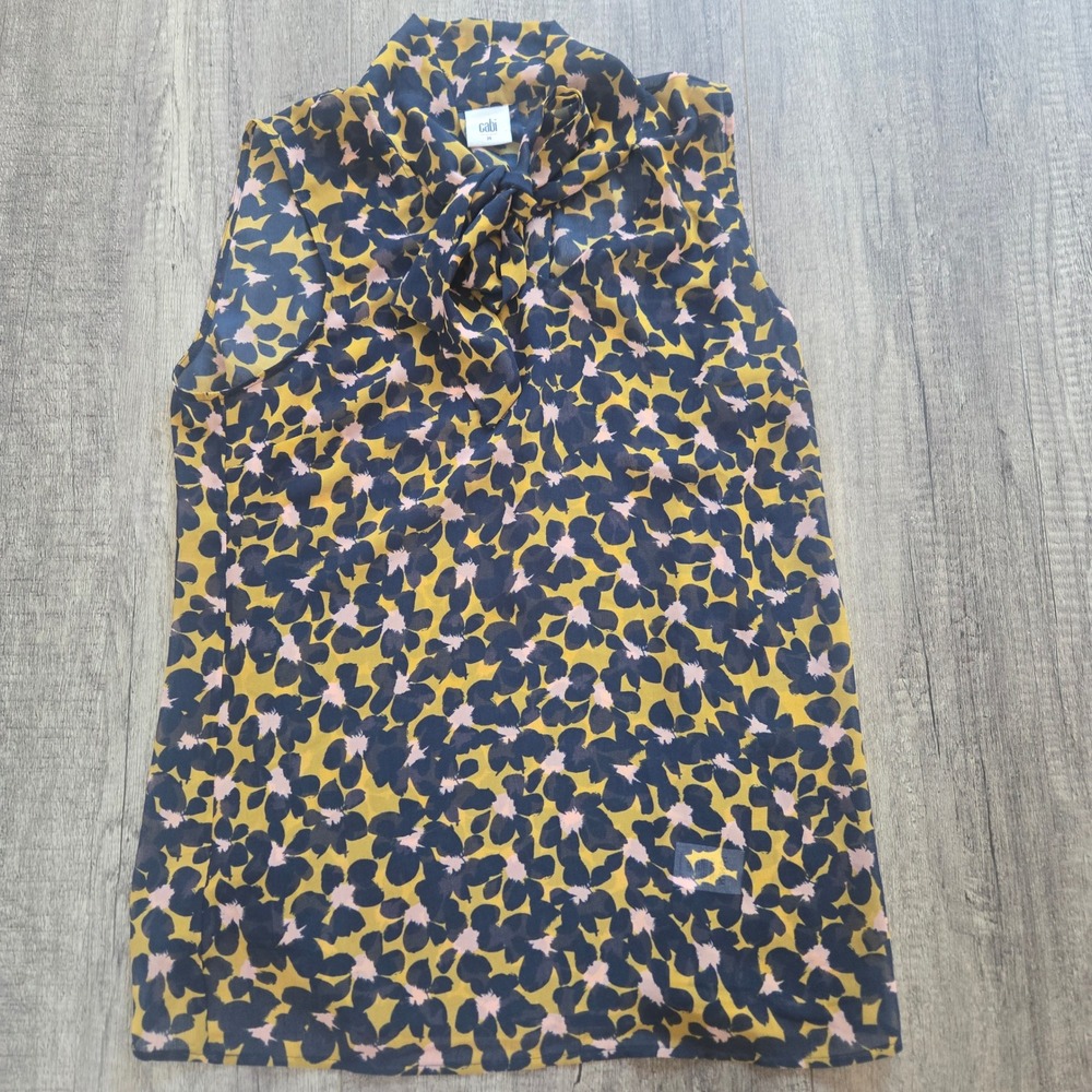 Cabi 3790 Sleeveless Tie Neck Blouse Yellow Navy Abstract Floral Chiffon Top M - Picture 3 of 7